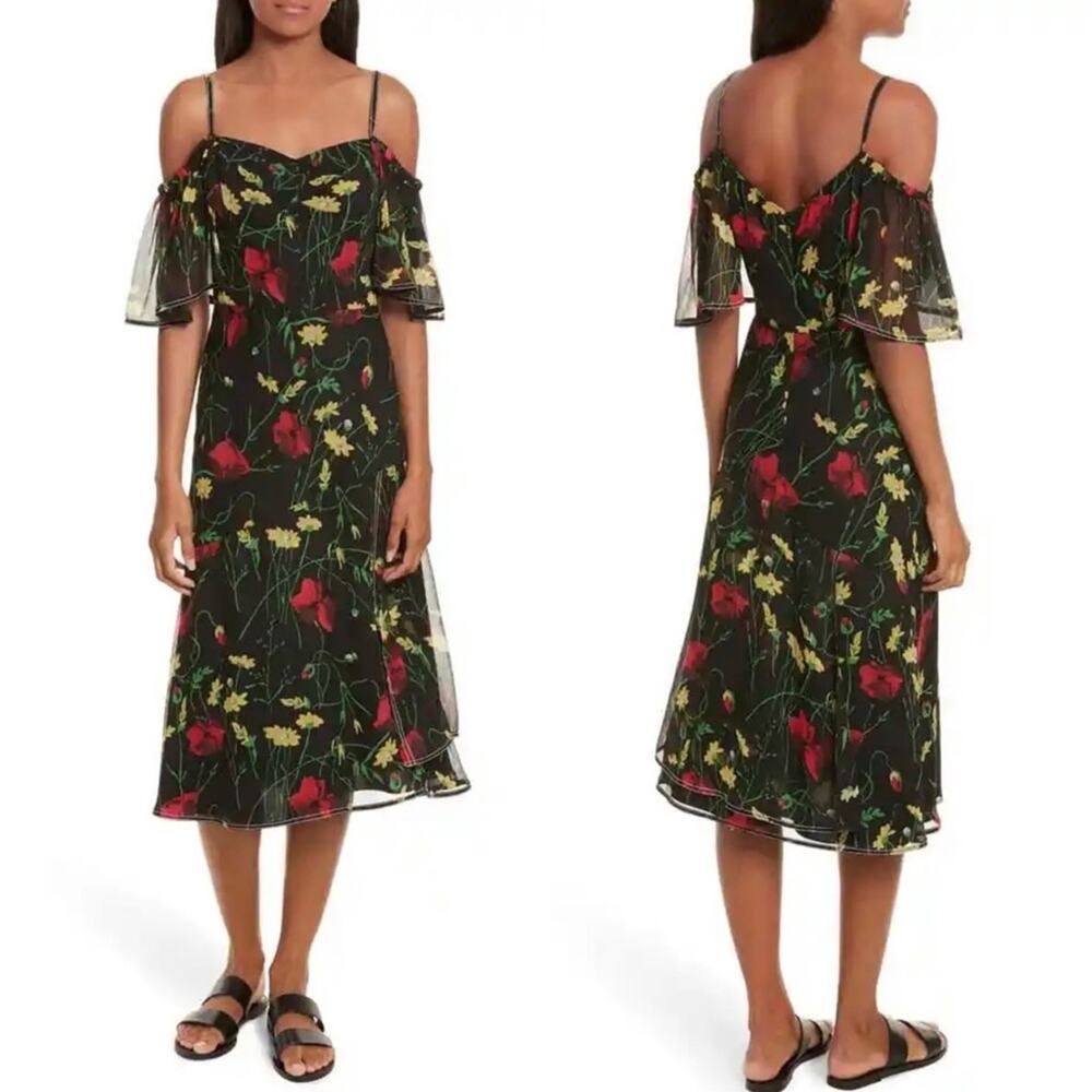 Grey Jason Wu Black Floral Print Cold Shoulder Silk Dress